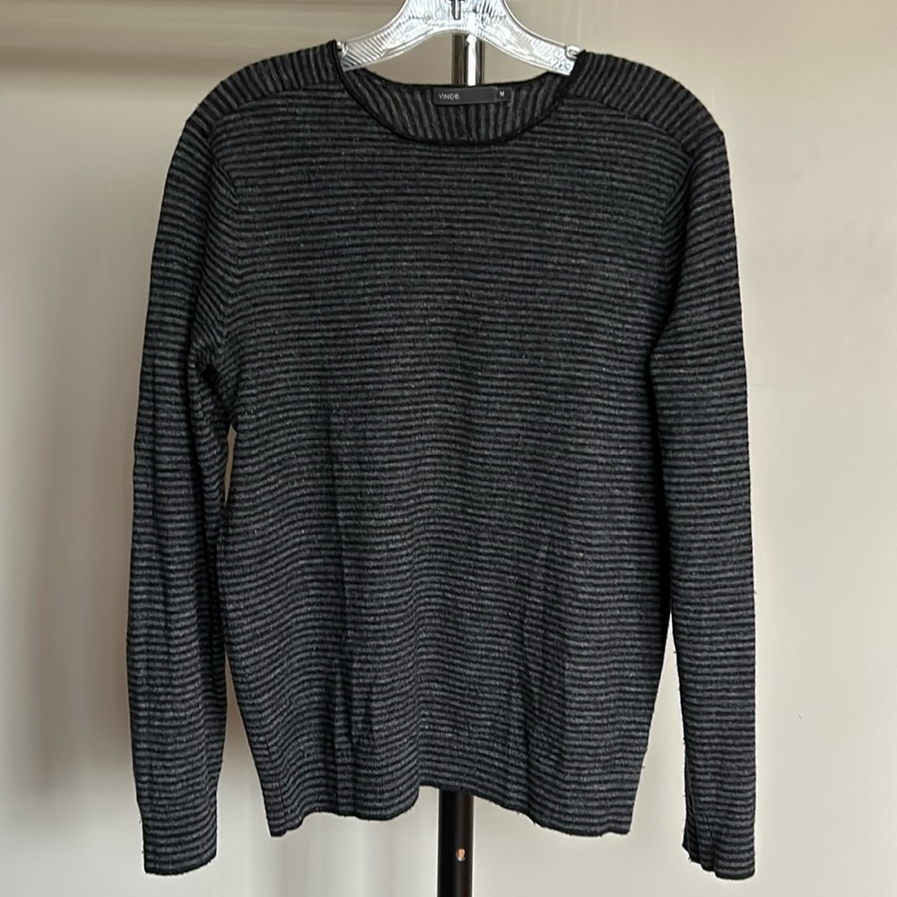 Vince Wool Linen Blend Charcoal Striped Crewneck Sweater Sz M